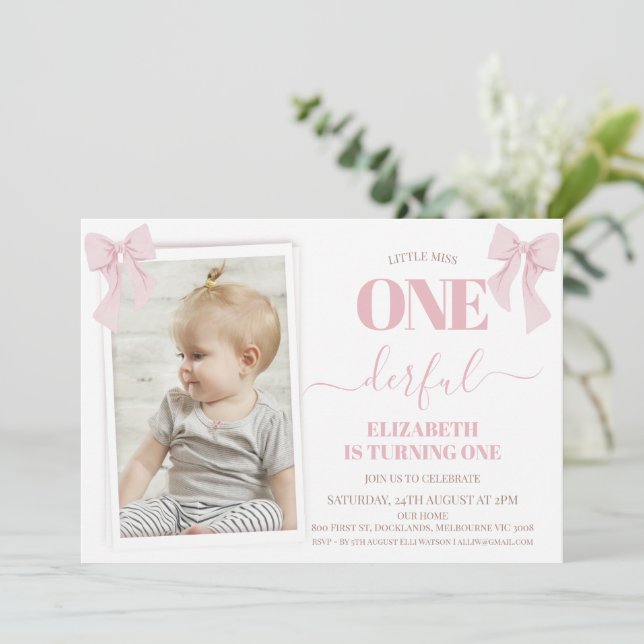 Modern Pink Bow Photo Onederful 1st Birthday  Invitation (Standing Front)