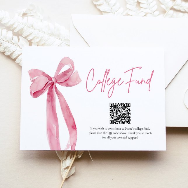 Modern Pink Bow QR Code College Fund Graduation  Enclosure Card (Modern Pink Bow QR Code College Fund Graduation Card)
