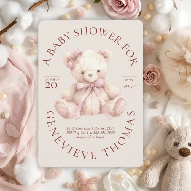 Modern Pink Bow Teddy Bear Baby Shower Invitation (Creator Uploaded)