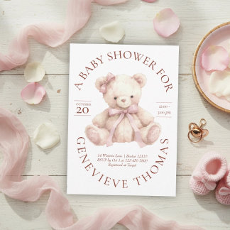 Modern Pink Bow Teddy Bear Baby Shower Invitation
