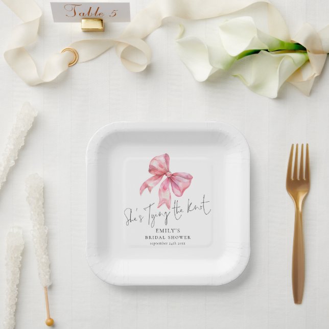 Modern Pink Bow Tying The Knot Bridal Shower Paper Plates (Wedding)