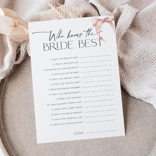 Modern pink bow who knows the bride best game invitation