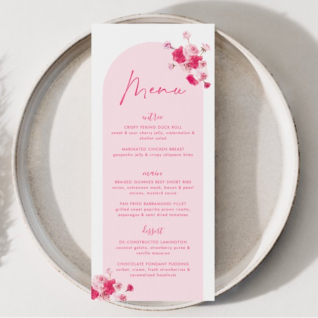 Modern Pink Bright Floral Bridal Shower Roses Menu (Pink Bridal Shower Menu | Matching items available.)