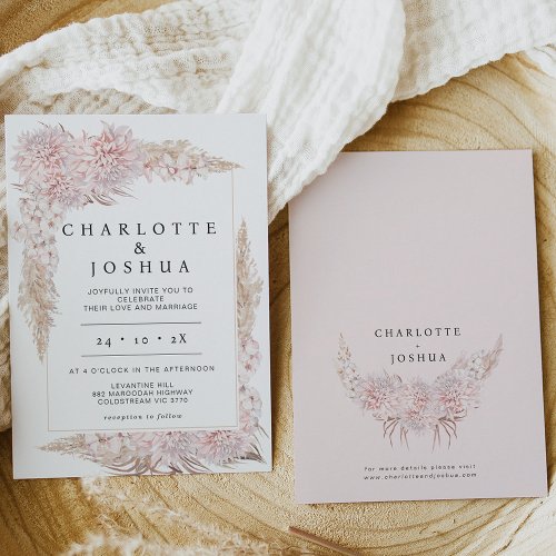 Modern Pink Brown Boho Floral Frame Wedding Invitation