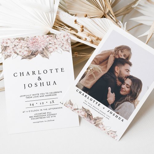 Modern Pink Brown Boho Floral Wedding Invitation