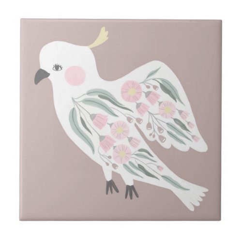 Modern Pink Brown Cockatoo Gum Leaves Painting Ceramic Tile