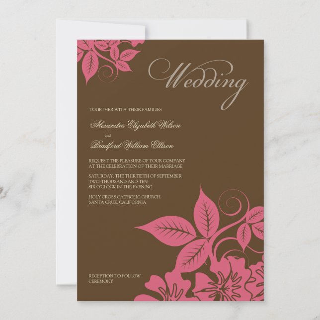 Modern Pink/Brown Floral Wedding Invitation (Front)