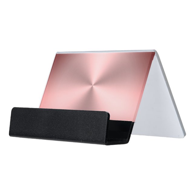 Modern Pink Brushed Metal Look Desk Business Card Holder (Angled Front)