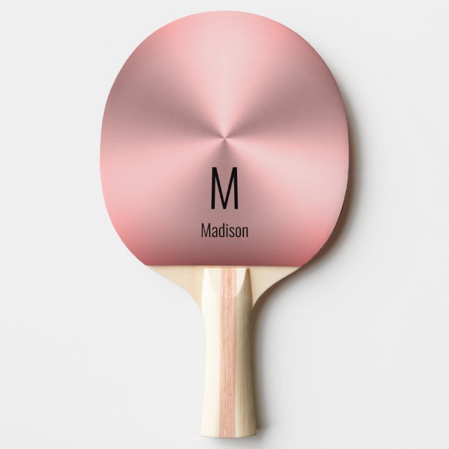 Modern Pink Brushed Metal Look Name & Monogram Ping Pong Paddle (Front)