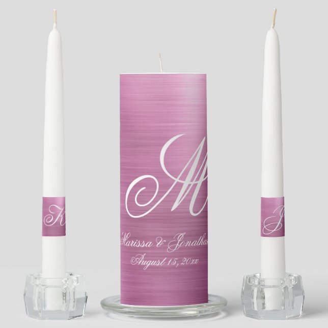 Modern Pink Brushed Metallic Monogram Wedding Unity Candle Set (Front)