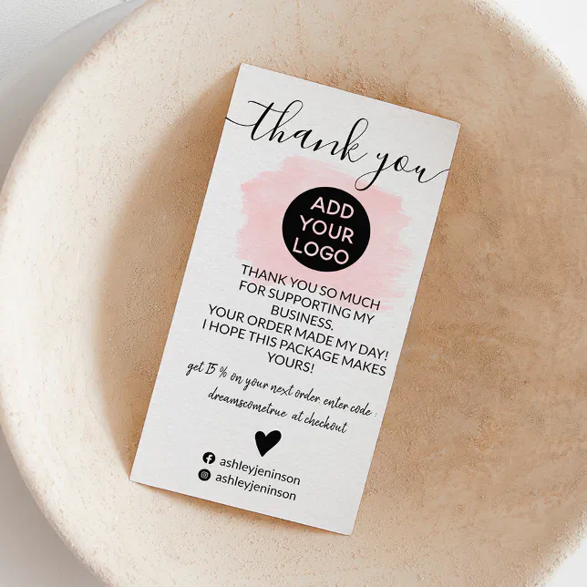 Modern pink brushstroke logo order thank you business card | Zazzle