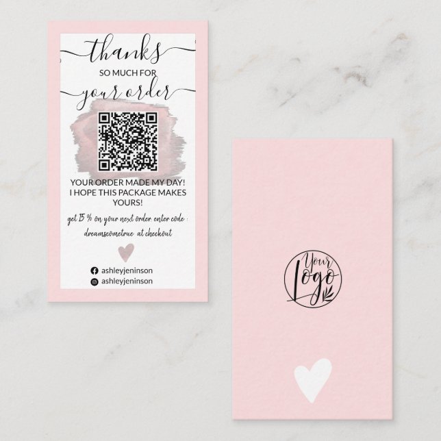 Modern pink brushstroke logo Qr code thank you Business Card (Front/Back)