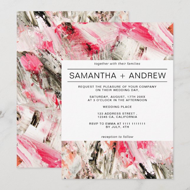 Modern pink brushstrokes abstract trendy wedding invitation (Front/Back)