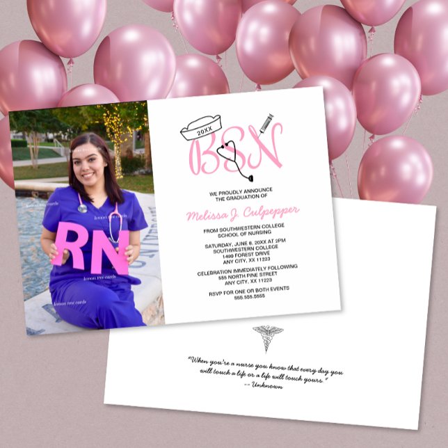 Modern Pink BSN nurse graduation Invitation (Creator Uploaded)