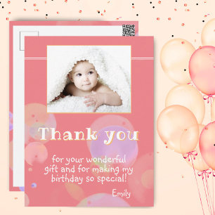 Modern Pink Bubbles Kids Photo Thank you Postcard