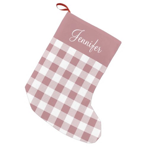 Modern Pink Buffalo Plaid Pattern Name Small Christmas Stocking