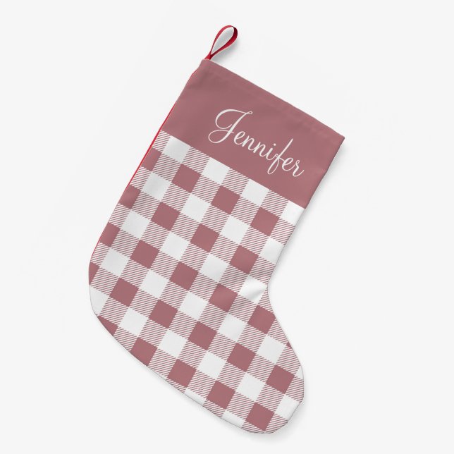 Modern Pink Buffalo Plaid Pattern Name Small Christmas Stocking (Front (Hanging))