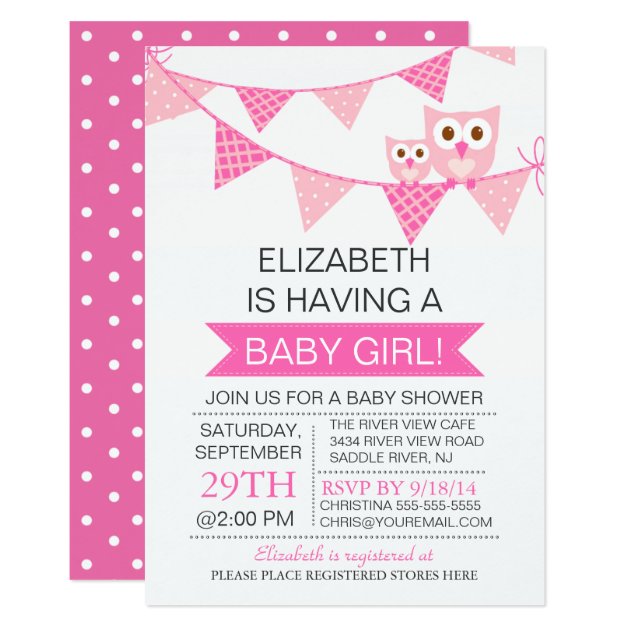 Modern Pink Bunting Owl GIRL Baby Shower Invitation