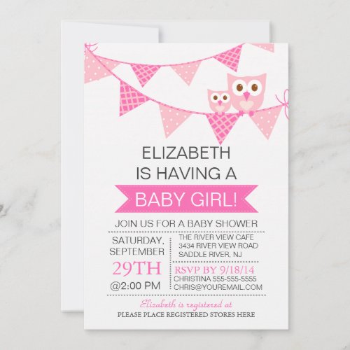 Modern Pink Bunting Owl GIRL Baby Shower Invitation