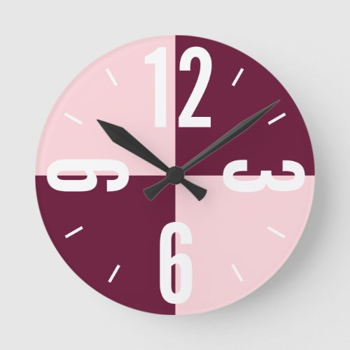 Modern pink burgundy color blocks large numbers round clock