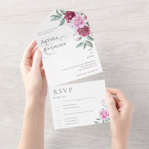 Modern Pink Burgundy Floral  All In One Invitation