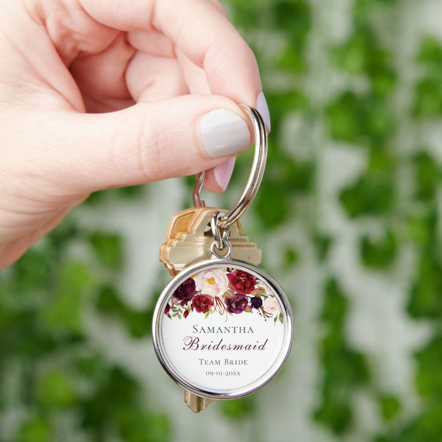 Modern Pink Burgundy Floral Bridesmaid Metal Keych Keychain (Creator Uploaded)
