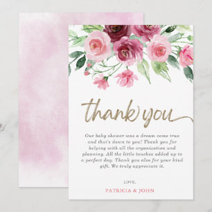 Modern Pink Burgundy Floral Girl Baby Shower Thank You Card