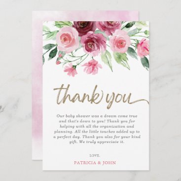 Modern Pink Burgundy Floral Girl Baby Shower Thank You Card