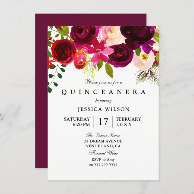 Modern Pink Burgundy Flower Quinceanera Invitation (Front/Back)