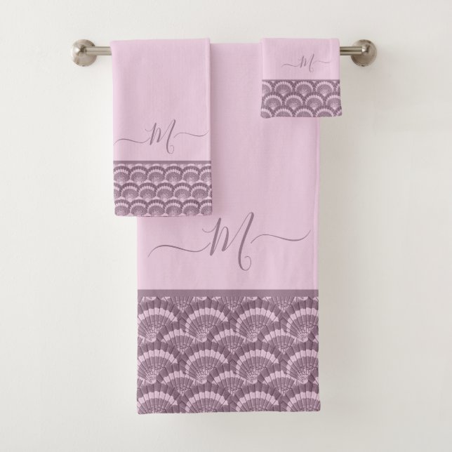 Modern  Pink Burgundy Seashell Shell Elegant Chic Bath Towel Set (Insitu)