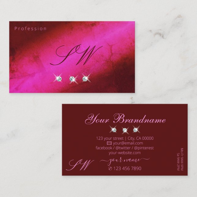 Modern Pink Burgundy Sparkling Diamonds Monogram Business Card (Front/Back)
