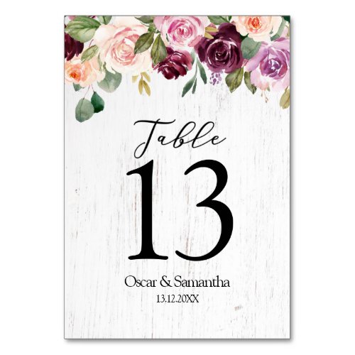 Modern Pink  Burgundy Watercolor Flowers Table Number