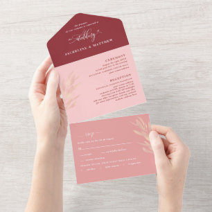 Modern Pink Burgundy Wedding with Perforated RSVP All In One Invitation