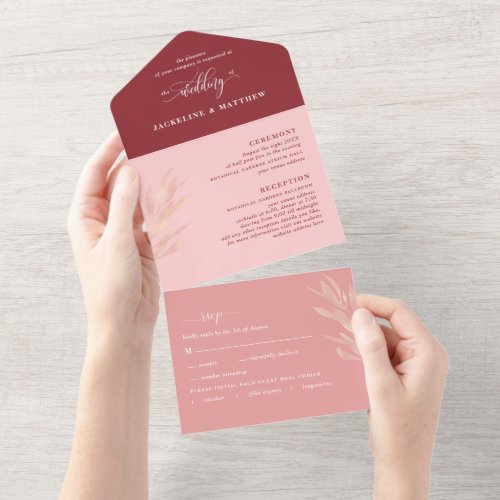 Modern Pink Burgundy Wedding with Perforated RSVP  All In One Invitation