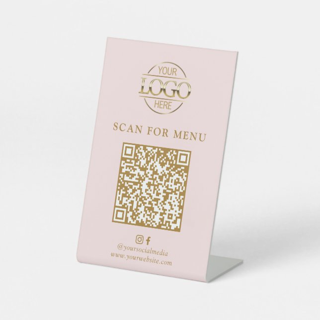 Modern Pink Business Logo Contactles QR Code Menu Pedestal Sign (Front)