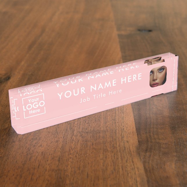 Modern Pink Business Logo & Photo Professional Desk Name Plate (Side)
