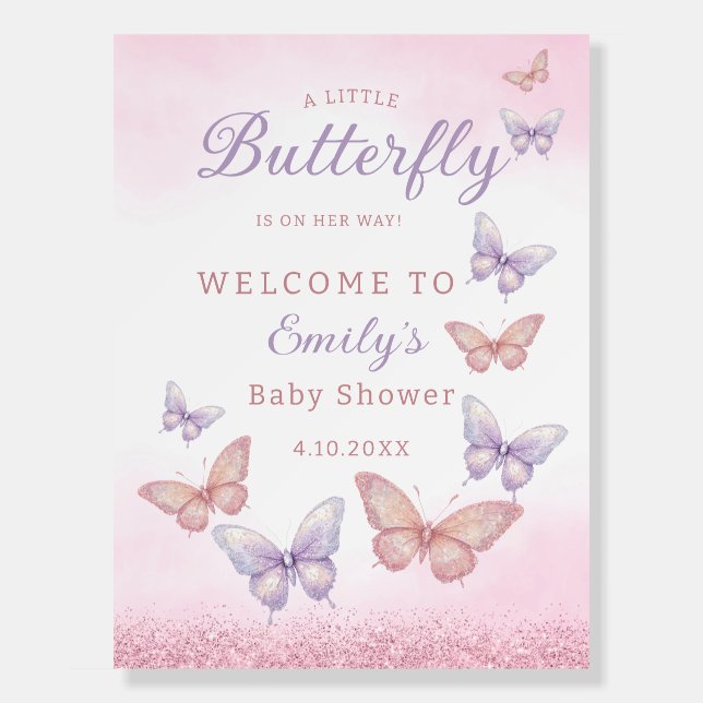 Modern pink Butterfly Girl Baby Shower Welcome Foam Board (Front)