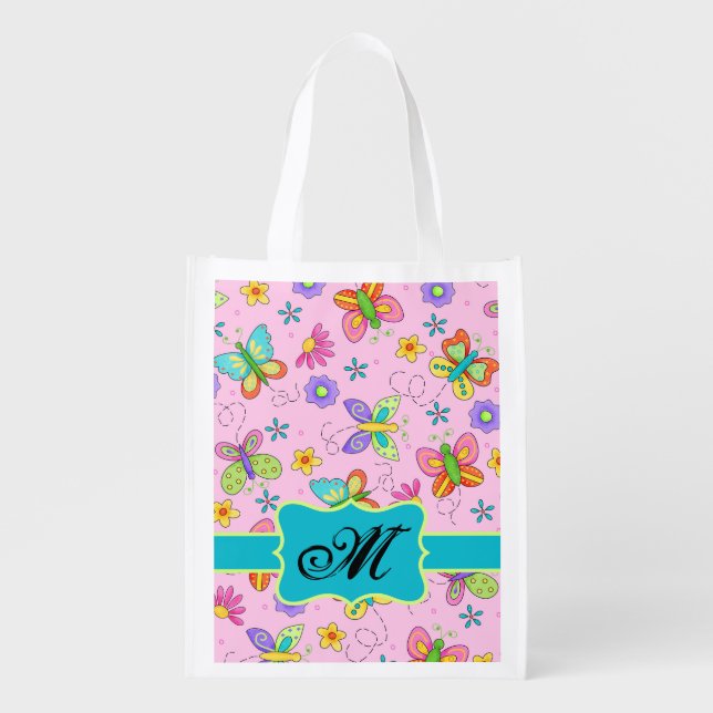 Modern Pink Butterfly Monogram Custom Reusuable Grocery Bag (Front)