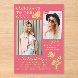 Modern Pink Butterfly Photo Graduation Party Acrylic Invitations