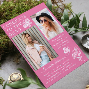 Modern Pink Butterfly Photo Graduation Party Invitation