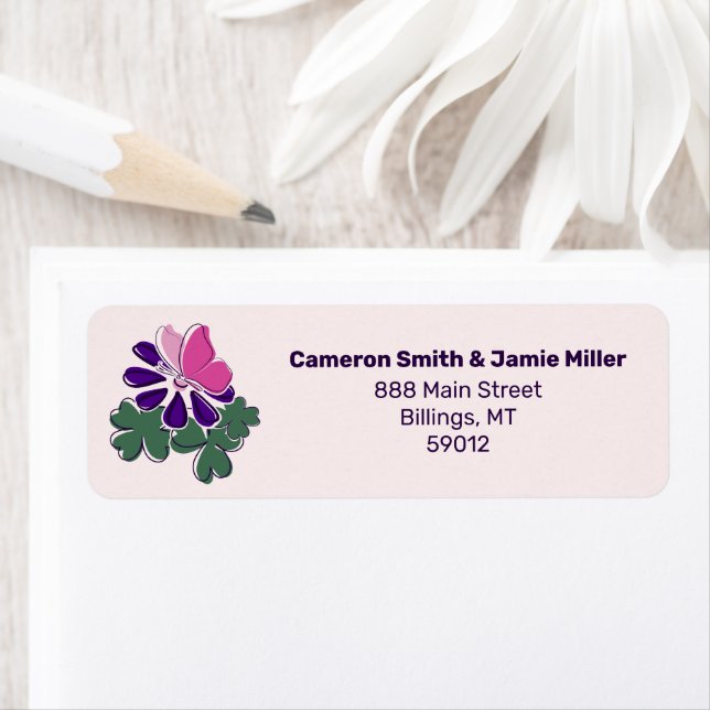 Modern Pink Butterfly Purple Flower Return Address Label (Insitu)
