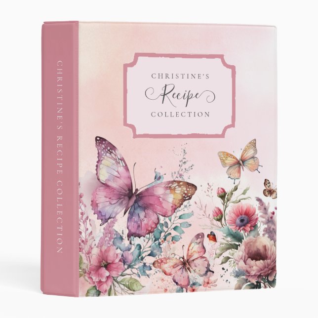 Modern Pink Butterfly Wild Flower Cookbook Recipe Mini Binder (Front/Spine)
