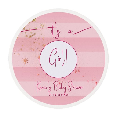 Modern Pink Cabana Stripes  Gold Stars Girl Baby  Edible Frosting Rounds
