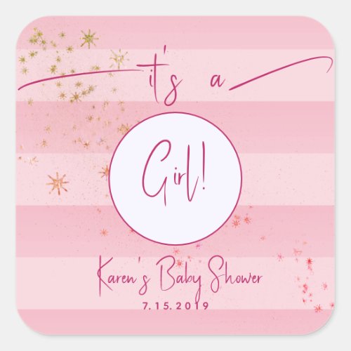 Modern Pink Cabana Stripes  Gold Stars Girl Baby  Square Sticker