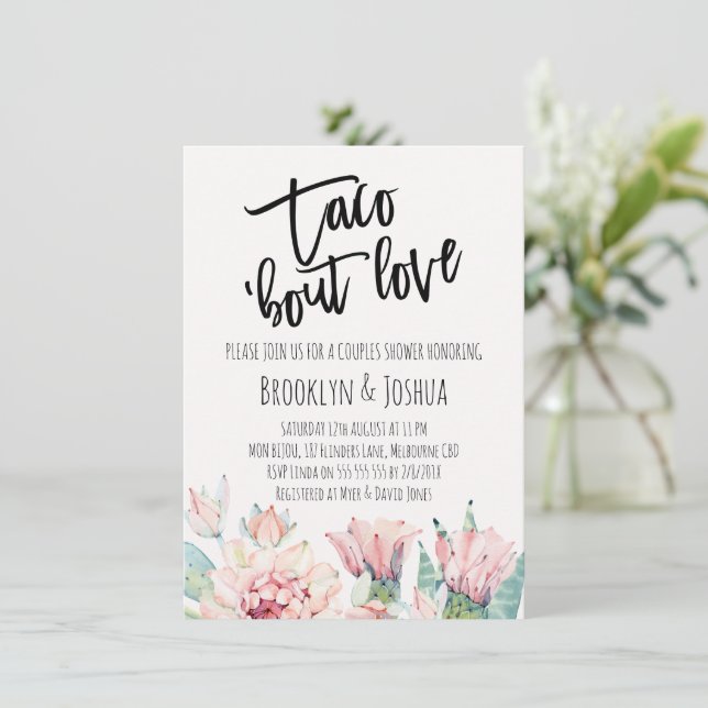 Modern Pink Cactus Taco 'bout Love Couples Shower Invitation (Standing Front)