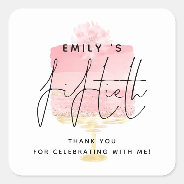 Modern Pink Cake Name 50th Birthday Party Thanks Square Sticker (Front)