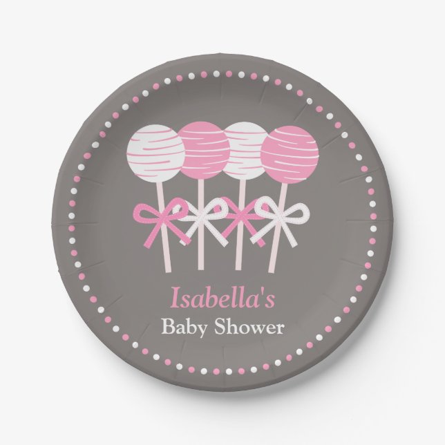 Modern Pink Cake Pops Baby Shower Supplies Paper Plates (Front)
