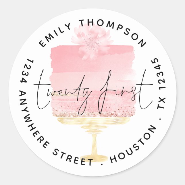 Modern Pink Cake Script 21st Name Return Address  Classic Round Sticker (Front)