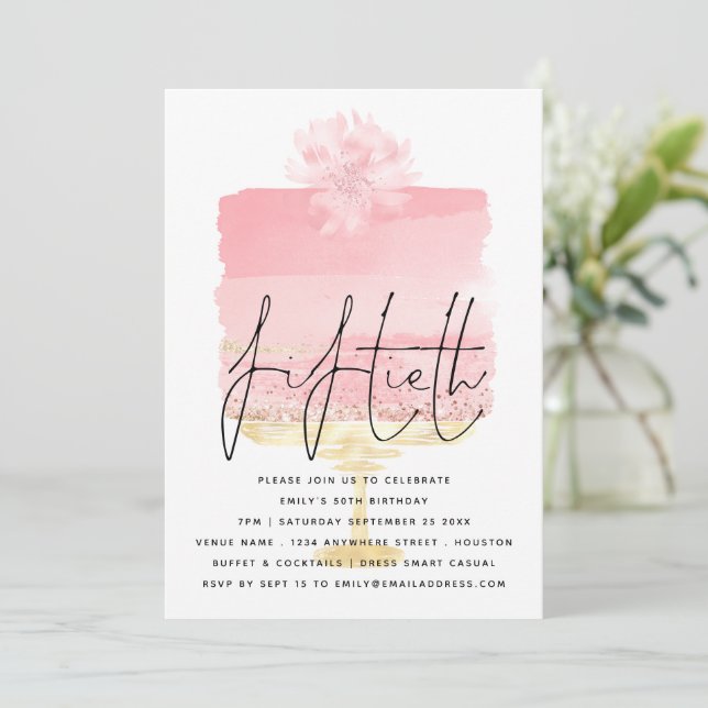 Modern Pink Cake Script Overlay 50th Birthday Invitation (Standing Front)