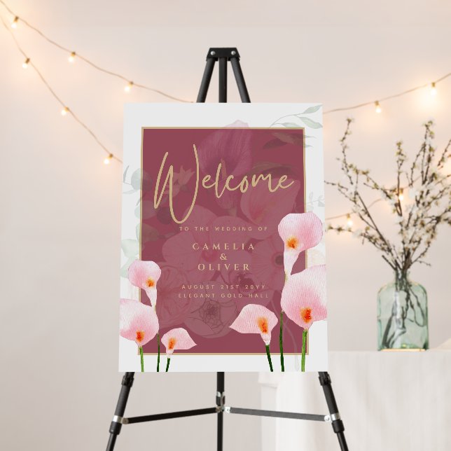 Modern Pink Calla Lily Wedding Welcome Sign (In Situ (Stand))